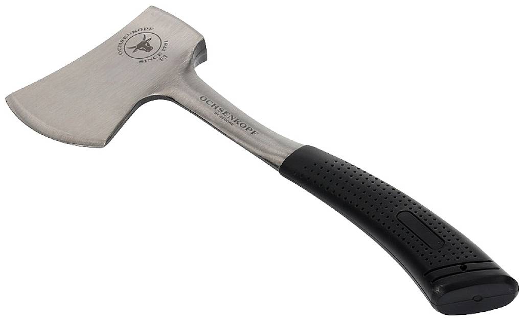 A small silver axe with an engraved logo on the blade, featuring a black, textured handle. Designed for outdoor and survival purposes.