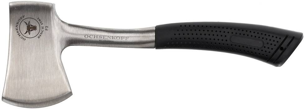 A gleaming axe with a metal head and black plastic handle. An engraving with the brand name is visible on the blade.