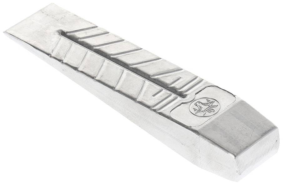 A silver metal wedge with a ribbed surface and a logo at its tip, featuring symmetrical lines and patterns.