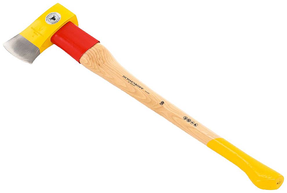 An axe with a yellow and red head and a wooden handle.