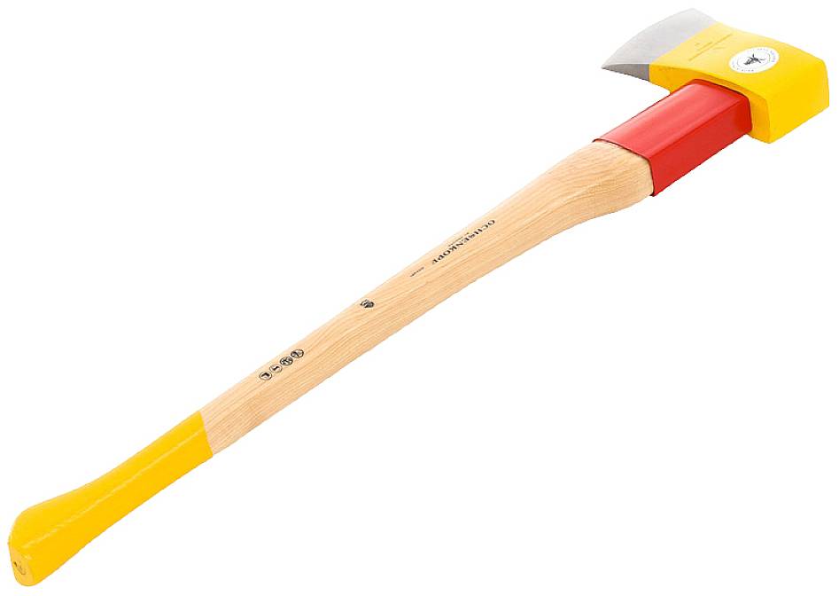 Wooden axe with a yellow and red head and a long wooden handle; suitable for splitting wood.