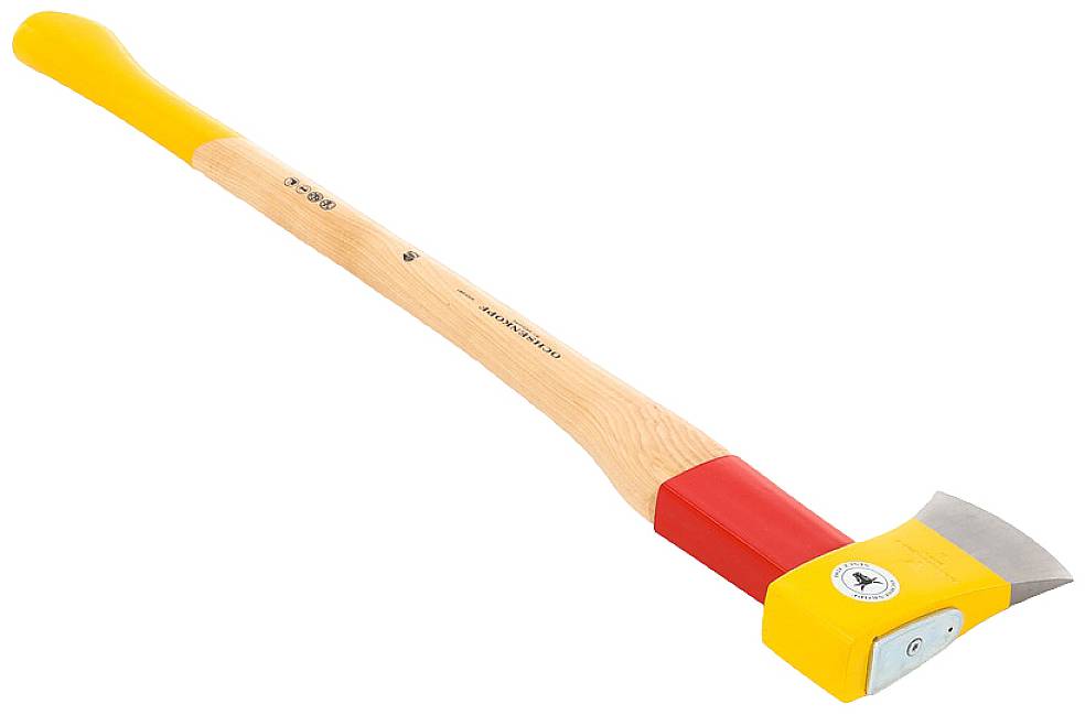 A splitting axe with a long, light brown wooden handle and a yellow and red head section. Suitable for splitting wood.