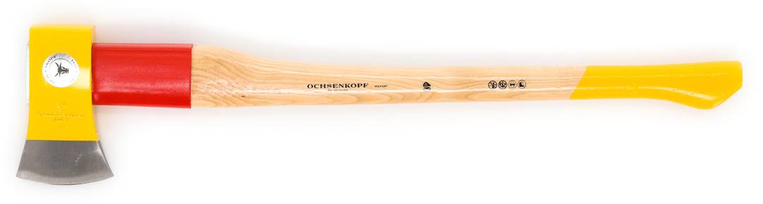 An axe with a yellow and red head and a wooden handle, suitable for splitting wood.