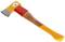 A coloured axe with a yellow and red head and a wooden handle. Suitable for woodworking and compatible with safety standards.