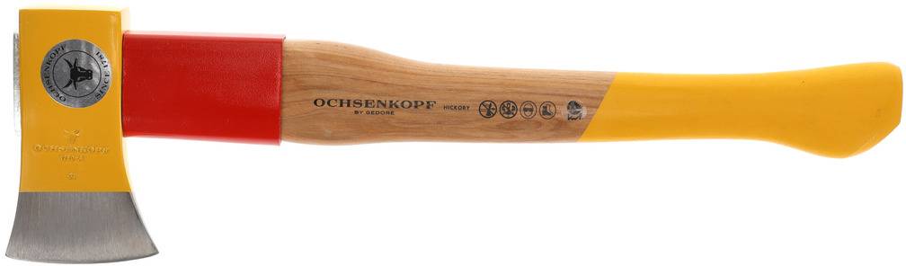 An axe with a red and yellow head and a wooden handle. 'OCHSENKOPF' and other markings are printed on the handle.