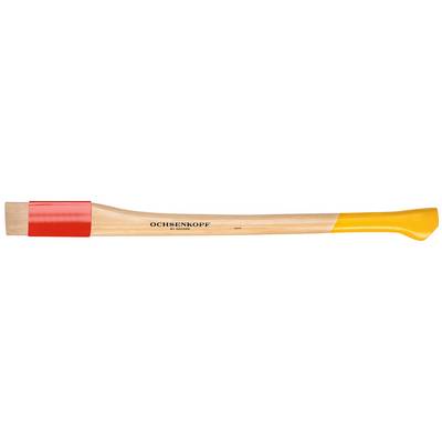 Wooden axe handle with red and yellow painted end. Brand 'Ochsenkopf'.