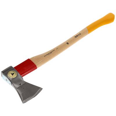 An axe with a red and yellow handle and a silver blade. Brand logo and inscription visible on the wooden handle.