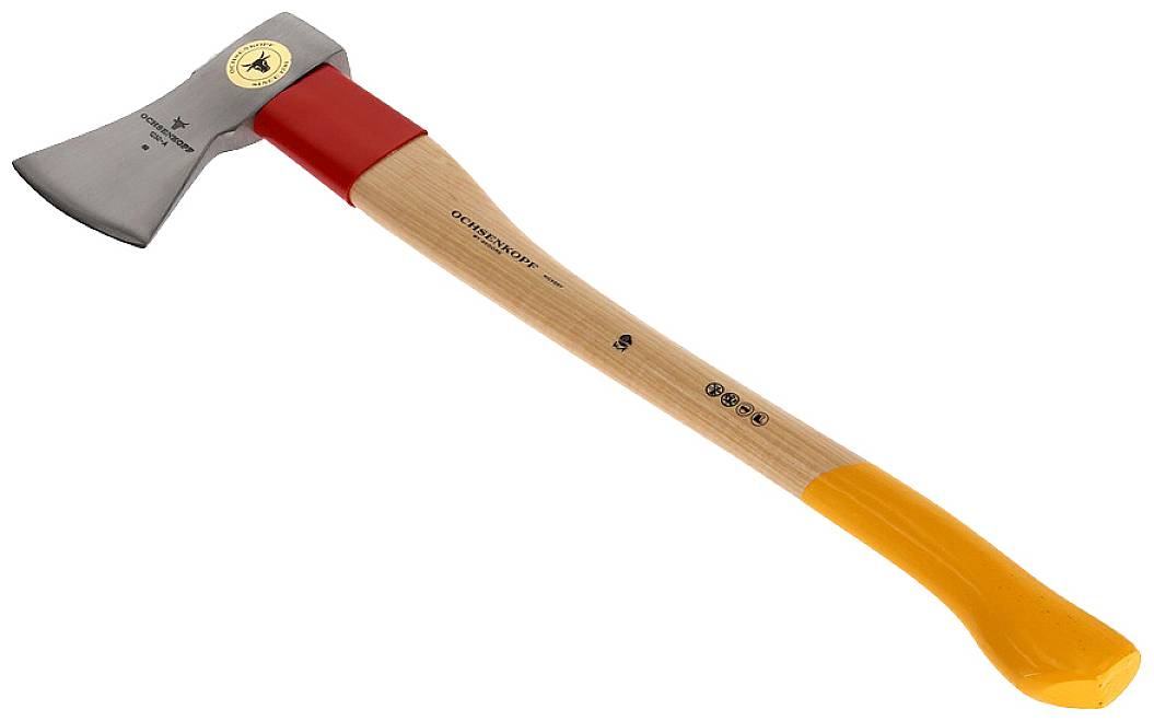 An axe with a light wooden handle, red shaft, and yellow end cap lies at an angle. It has a metal blade with a brand seal.