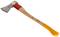 An axe with a light wooden handle, red shaft, and yellow end cap lies at an angle. It has a metal blade with a brand seal.