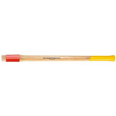 An axe with a wooden handle, a red head and a yellow end piece. 'Ochsenkopf' is written on the handle.