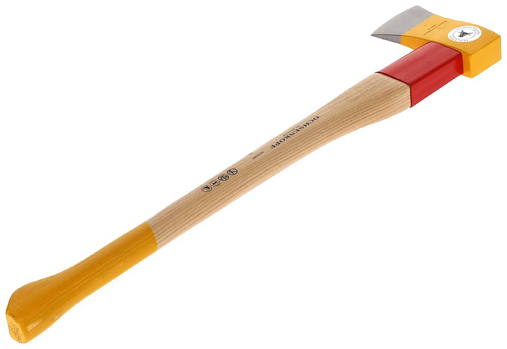 A woodcutting axe with a wooden handle, yellow head and red label, marked with 'Spalt-Fix'.