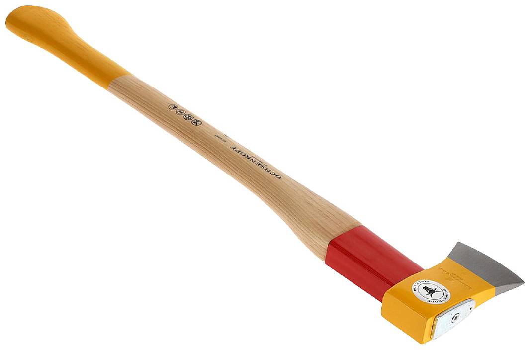 Axe with wooden handle and yellow head, suitable for woodworking tasks.