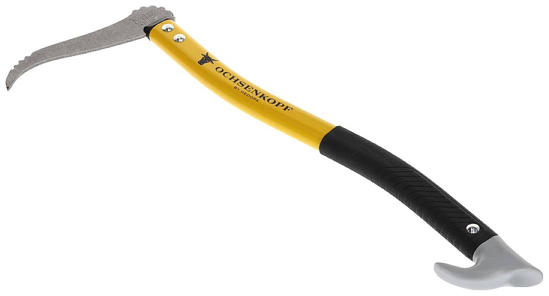 A yellow and black forest turning hook with a curved metal hook at the end. Marked with 'Ochsenkopf' on the handle.