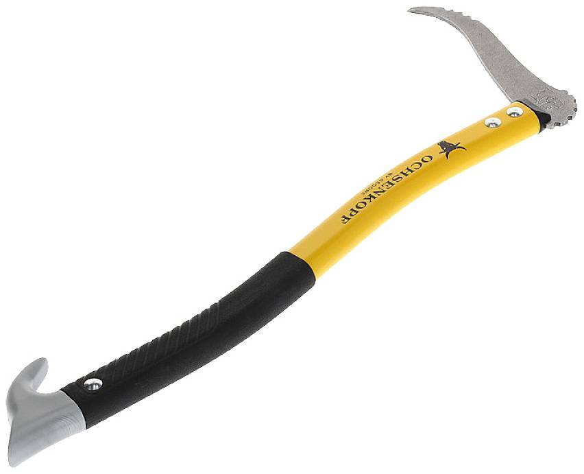 Ice axe with a yellow handle and curved tip, used for ice climbing.