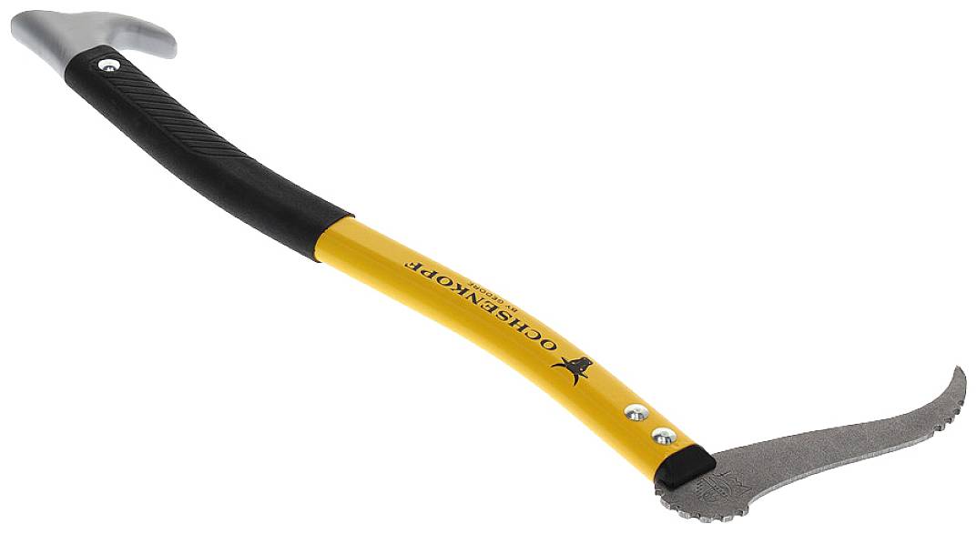 A yellow and black tool with a curved metal handle and a hook at the end. Used for gripping and moving pieces of wood.