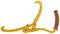 A yellow wooden carrier with an ergonomic handle and two hooks, used for transporting heavy wooden beams or logs.