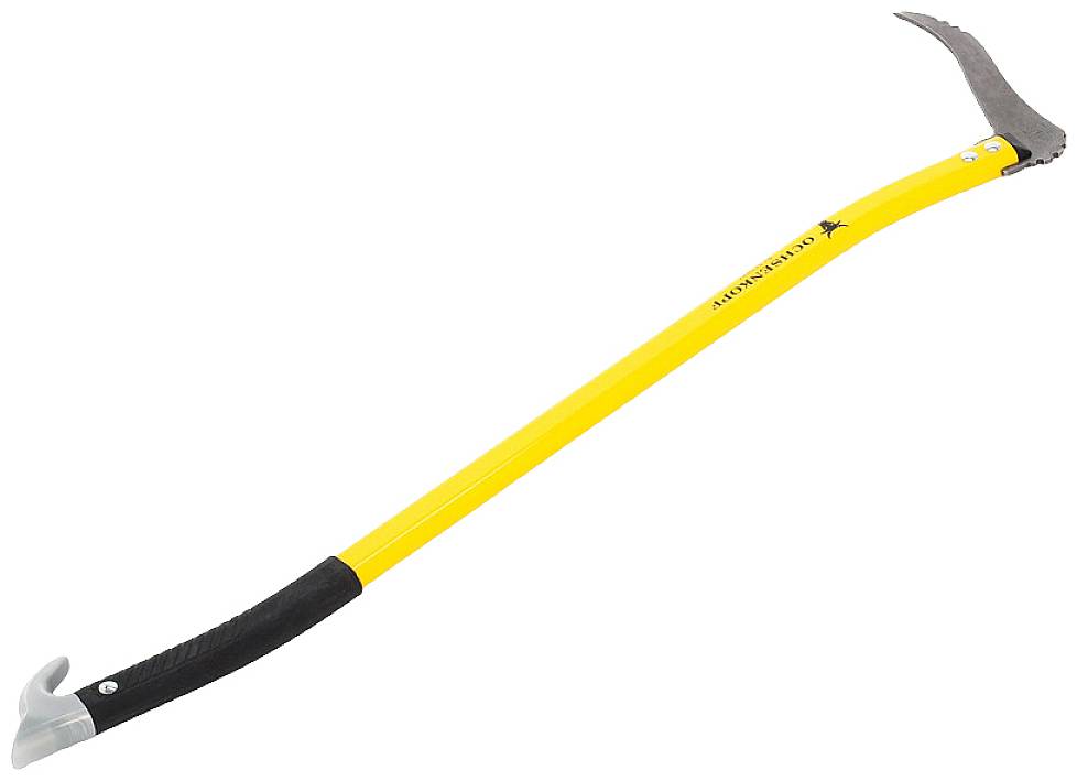 Yellow lifting device with hook and handle, used for hoisting heavy objects; tool for construction or demolition work.