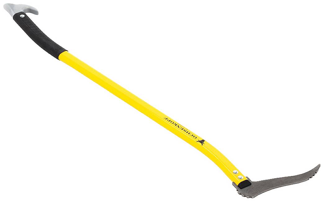 Yellow gardening tool with a long handle and curved metal blade for weed removal and soil cultivation.