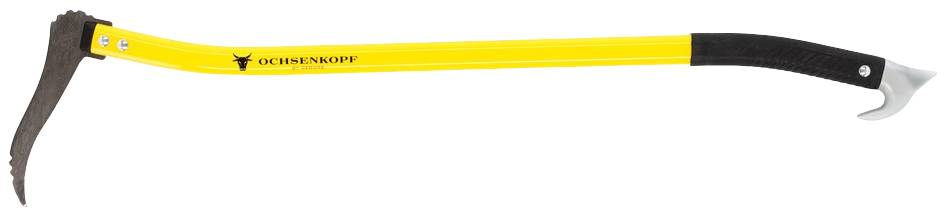 A yellow forestry hook with a black handle and metal hook, used for moving tree logs.