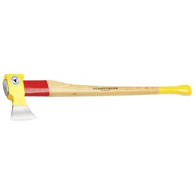 Axe with wooden handle and yellow head. Brand name 'Ochsenkopf' on the handle. Suitable for felling and splitting wood.