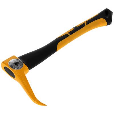 An orange and black geologist's hammer with a curved handle and a round, flat head, suitable for rock processing.