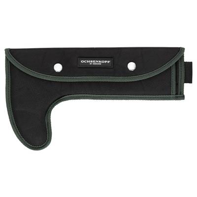 Axe protective cover with green border and two press studs, brand 'Ochsenkopf'.