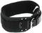 A black weightlifting belt with a metal buckle and adjustable holes is spread out on a white surface.