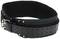 Black weightlifting belt with green inner padding and steel buckle. Supports the back during strength training and weightlifting.