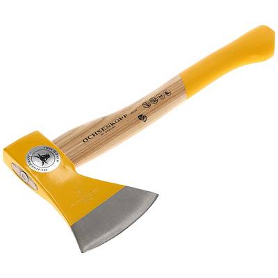 Wooden axe with a yellow handle and silver blade, marked with 'OCHSENKOPF'. Contains symbols and prints. Suitable for chopping wood.