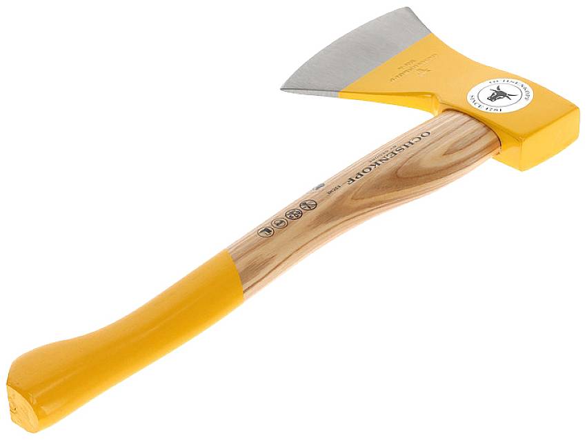 An axe with a yellow head and a wooden handle, suitable for chopping wood or gardening.