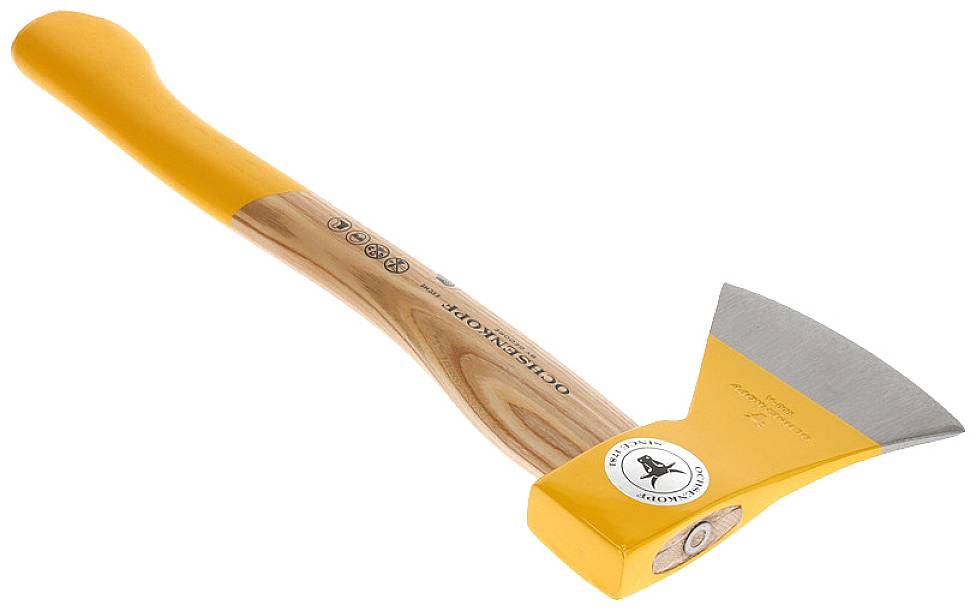 A yellow, modern log splitter with a wooden handle, suitable for splitting wood. Brand name and logo visible on the axe head.