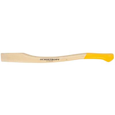 A wooden handle with a yellow grip by the brand 'Ochsenkopf', suitable for hand tools such as axes.