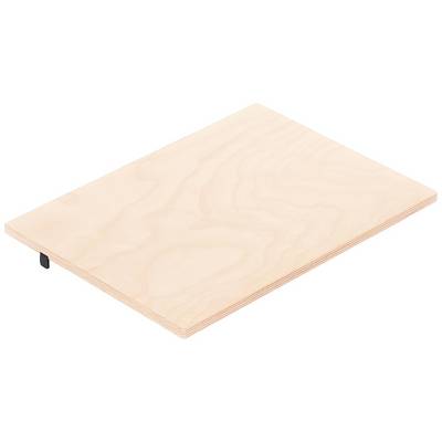 Rectangular wooden board with a smooth, light brown surface, slightly angled, showing wood grain.