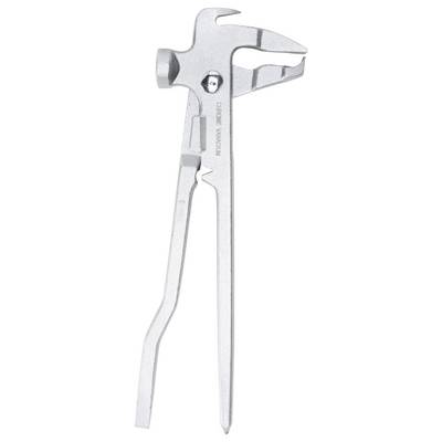 A silver multi-tool with a hammer head and pliers made from chrome-vanadium steel.