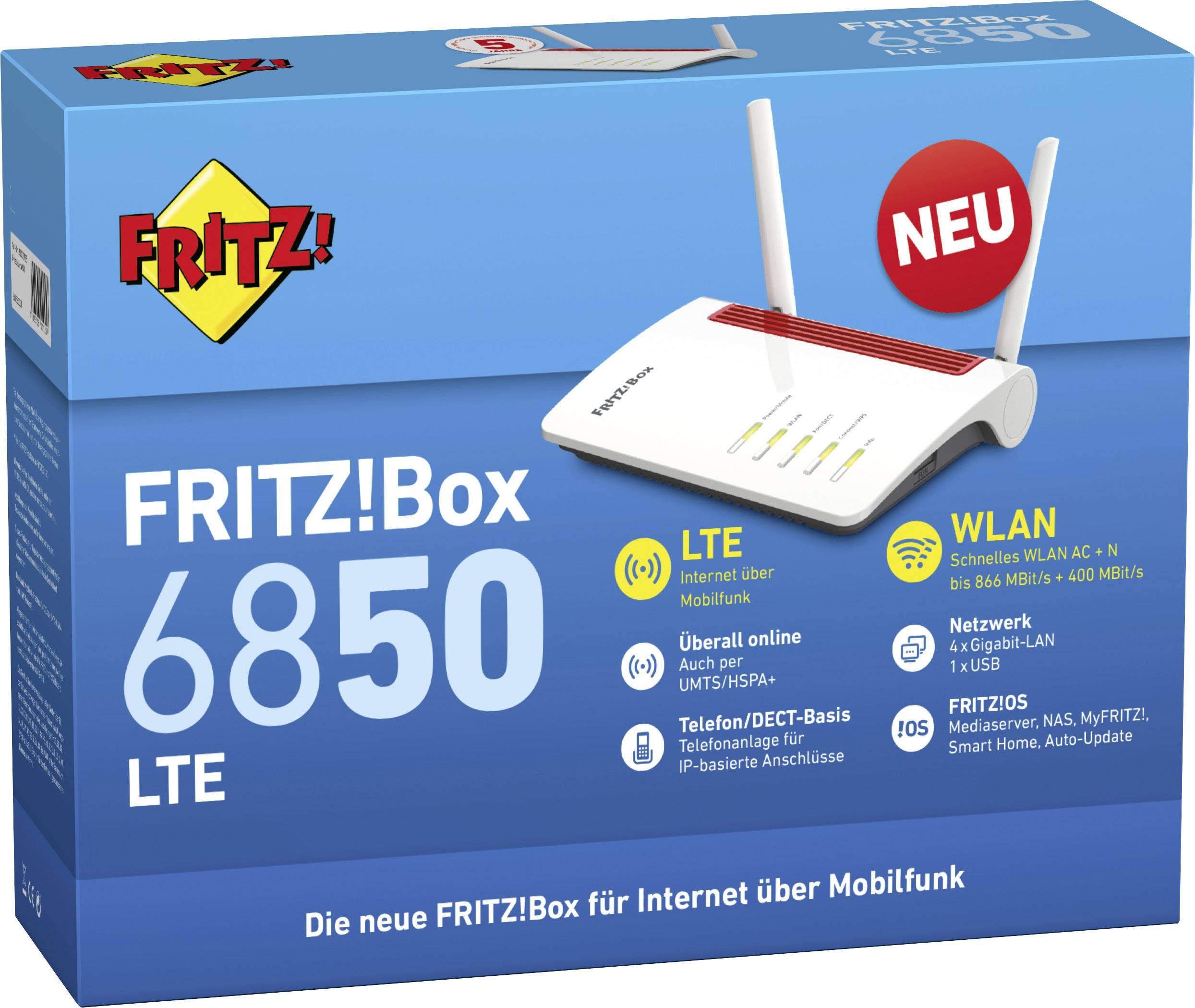'FRITZ!Box 6850 LTE' router packaging shows Wi-Fi and LTE functionality. 'NEW' is highlighted in a red circle.