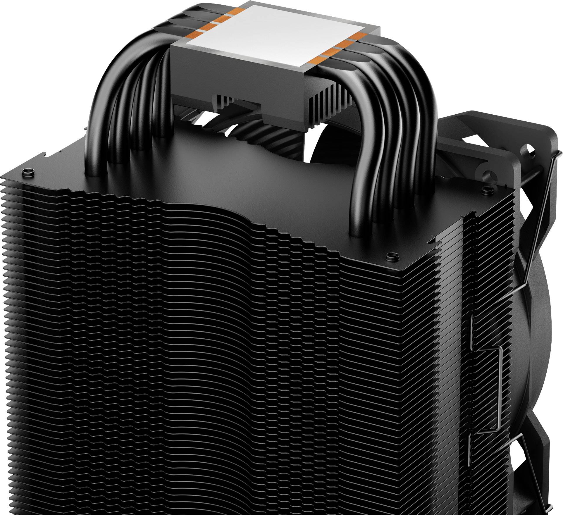 A large, black CPU cooler with multiple cooling fins and heat pipes, used for cooling computer processors.