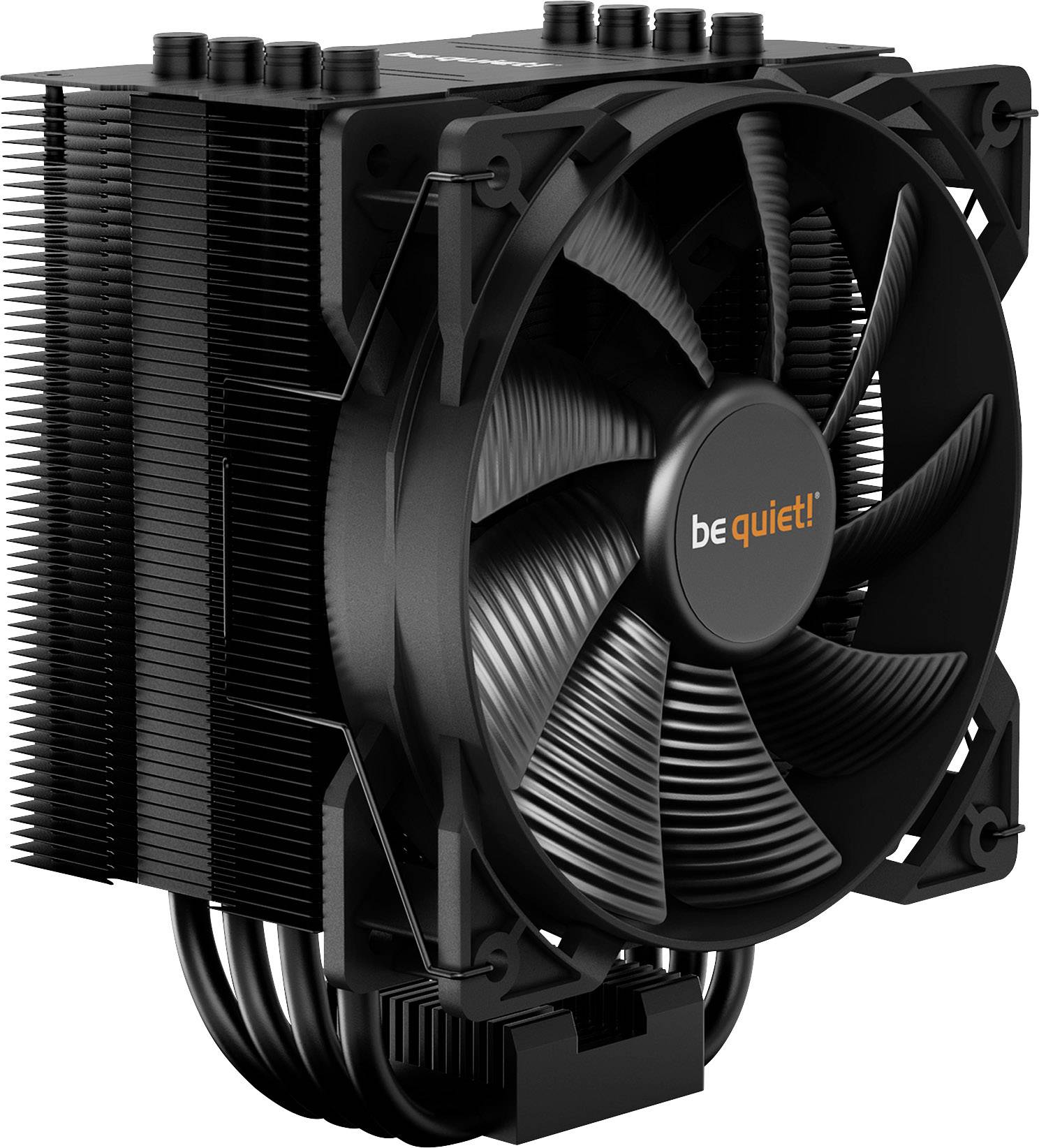 Black CPU cooler with fan, marked with 'be quiet!', shows a robust design for efficient heat dissipation in computers.