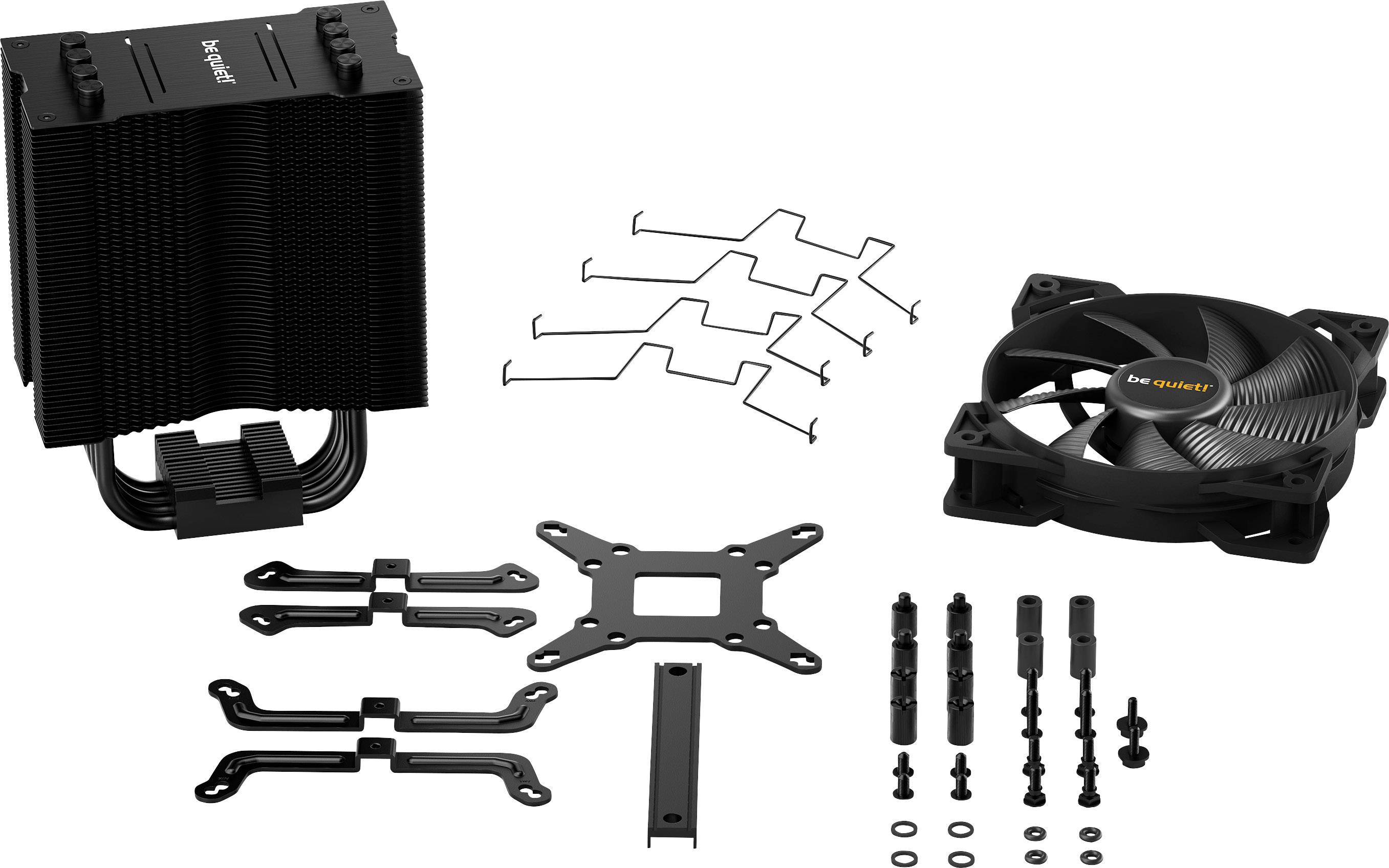A CPU cooler kit with fan, heatsink, and mounting accessories. Includes mounting brackets and screws for installation on a motherboard.