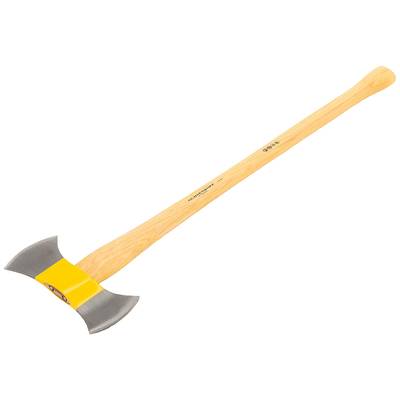 Double-headed axe with a long wooden handle and two metal blades, symmetrically attached at both ends.
