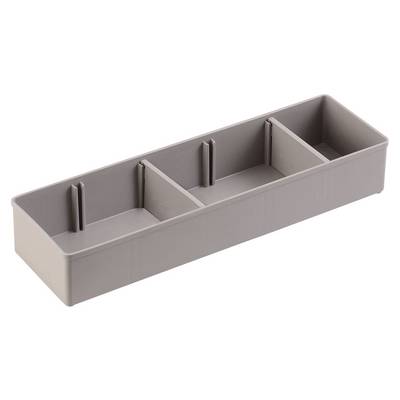 Grey plastic storage box with three compartments for storage. Suitable for drawers, provides organised placement of items.