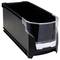 Black plastic storage box with transparent front panel. Suitable for organising and storing small items.