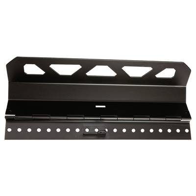 Black metal frame with hexagonal cut-outs at the top and a row of circular holes at the bottom, used for mounting.