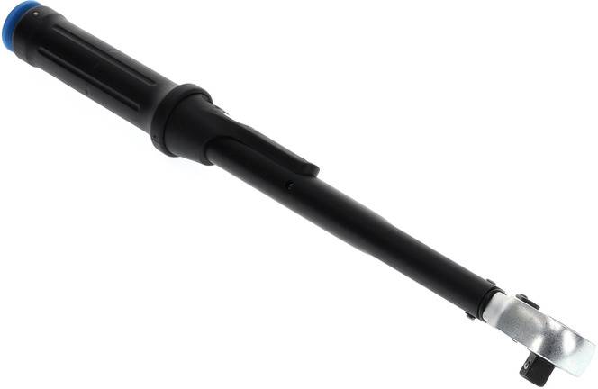 Black torque wrench with a blue ring at one end, used for tightening screws to a precise torque.