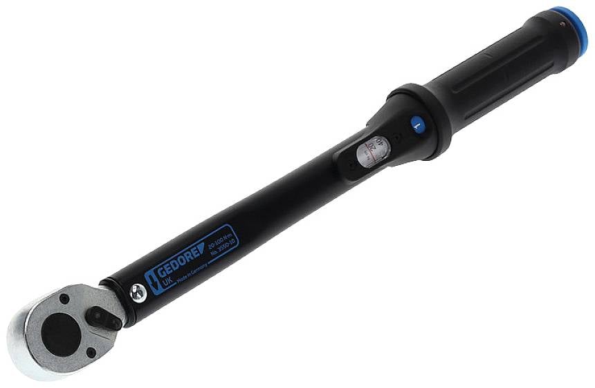 A black torque wrench with a blue 'GEDORE' mark, handle and ratchet head. Ideal for precisely tightening screws.
