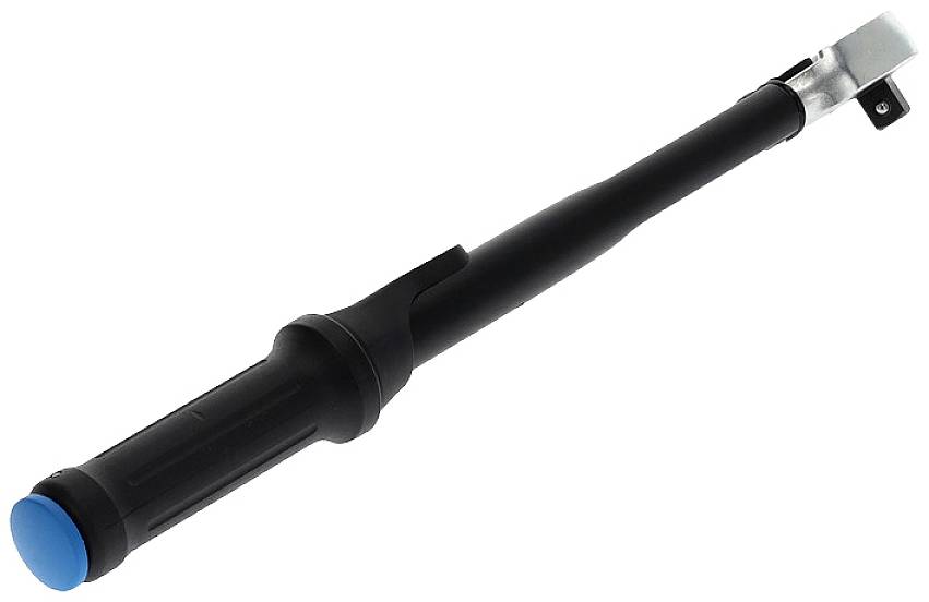 Torque wrench with a black handle and blue end, used for precise torque measurement when tightening screws.