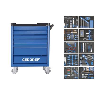 Blue workshop trolley with five drawers, marked with 'GEDORE'. Beside it, an overview of tool sets, neatly arranged.
