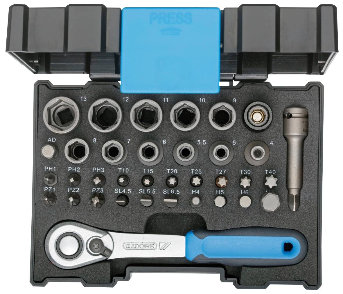 Socket wrench set with ratchet, various screwdriver attachments and bits in an open black box.