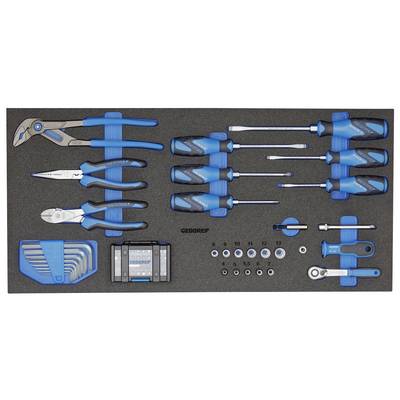 Tool set in foam insert, comprising pliers, screwdrivers, hex keys, ratchet, socket wrenches and bit holder.