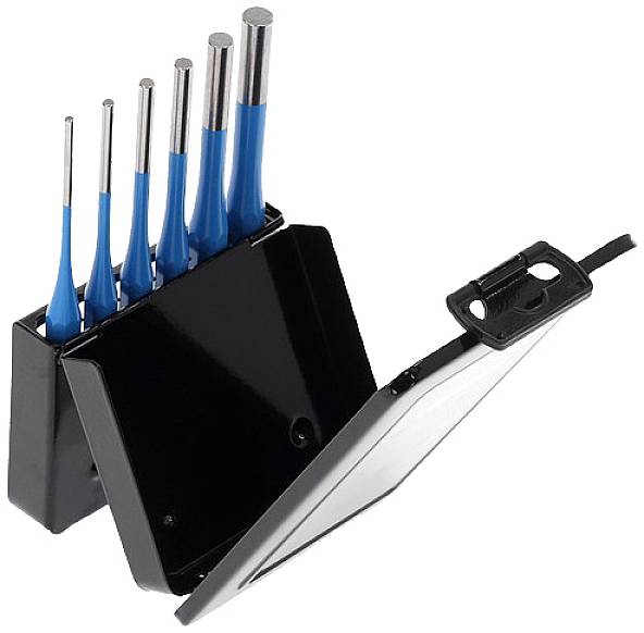 A set of thin screwdrivers with blue handles in a black holder with an open flap, suitable for precision work.