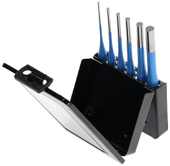 A set of six blue screwdrivers in a black holder with a hinged lid.
